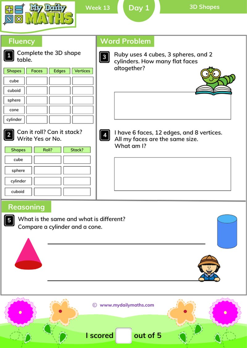 Year 2 3D Shapes - Day 1 - Shapes maths worksheet with fluency, word problem, and reasoning sections