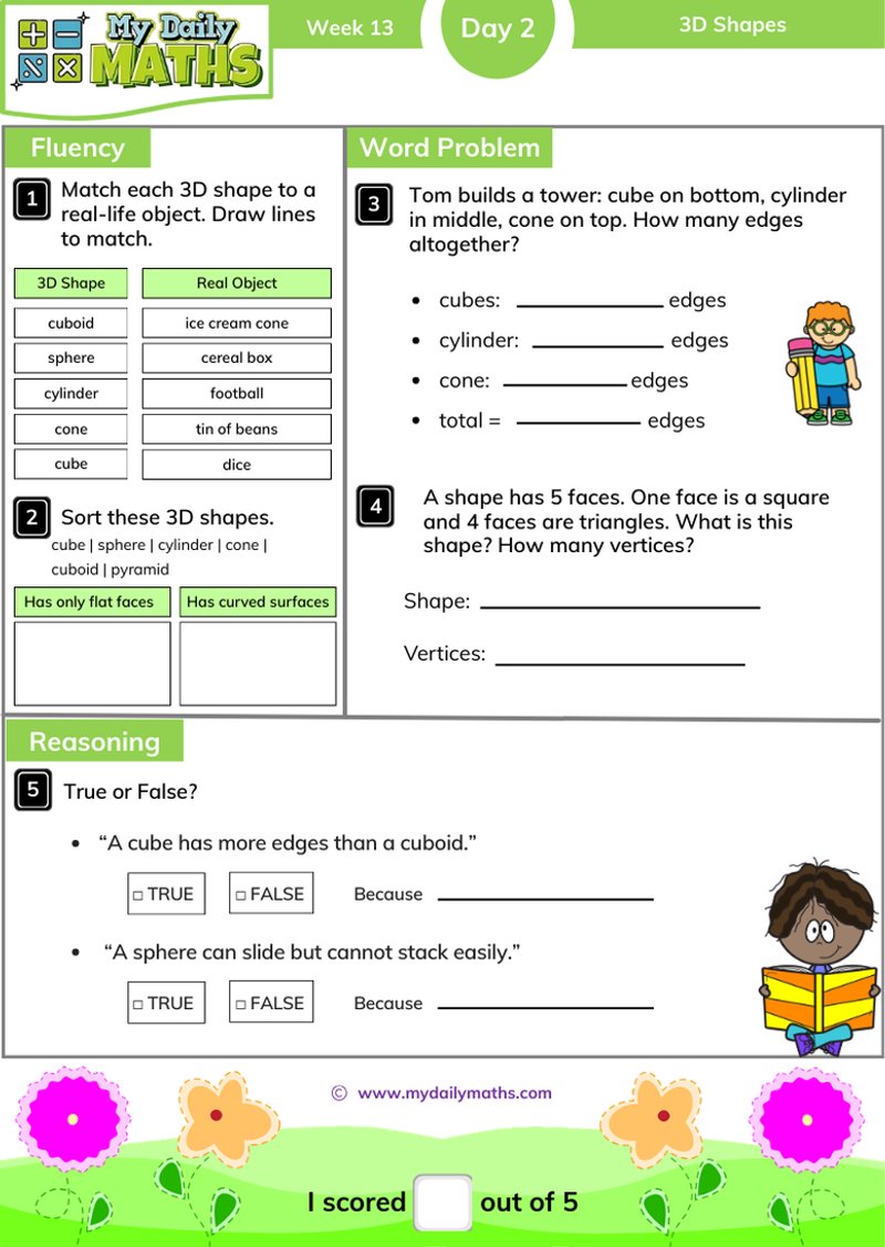 Year 2 3D Shapes - Day 2 - Shapes maths worksheet with fluency, word problem, and reasoning sections