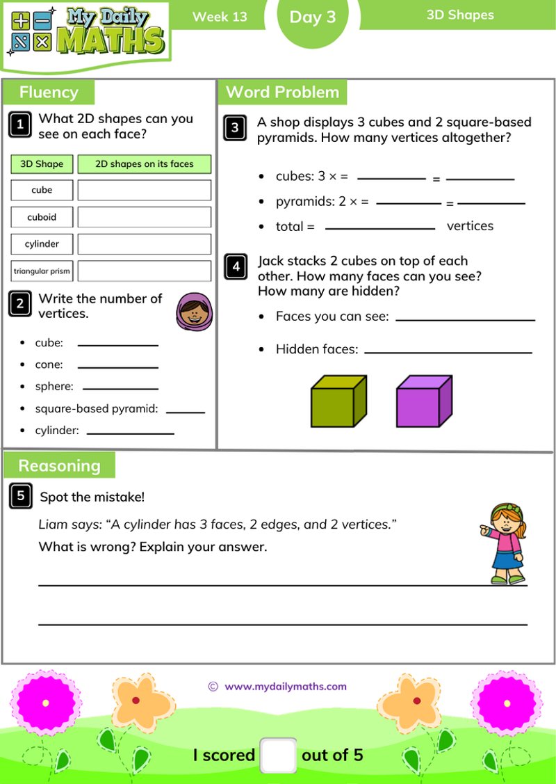 Year 2 3D Shapes - Day 3 - Shapes maths worksheet with fluency, word problem, and reasoning sections