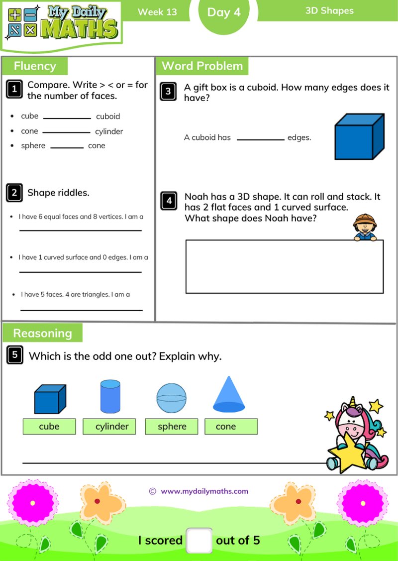 Year 2 3D Shapes - Day 4 - Shapes maths worksheet with fluency, word problem, and reasoning sections
