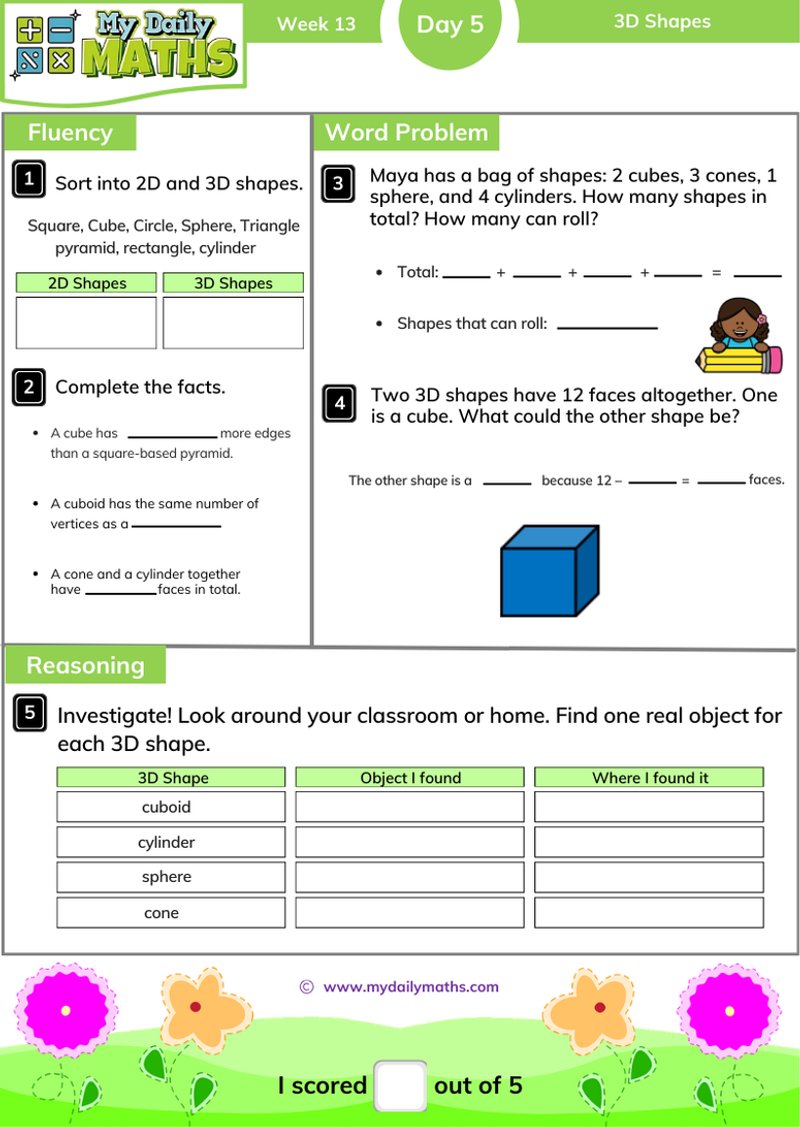 Year 2 3D Shapes - Day 5 - Shapes maths worksheet with fluency, word problem, and reasoning sections