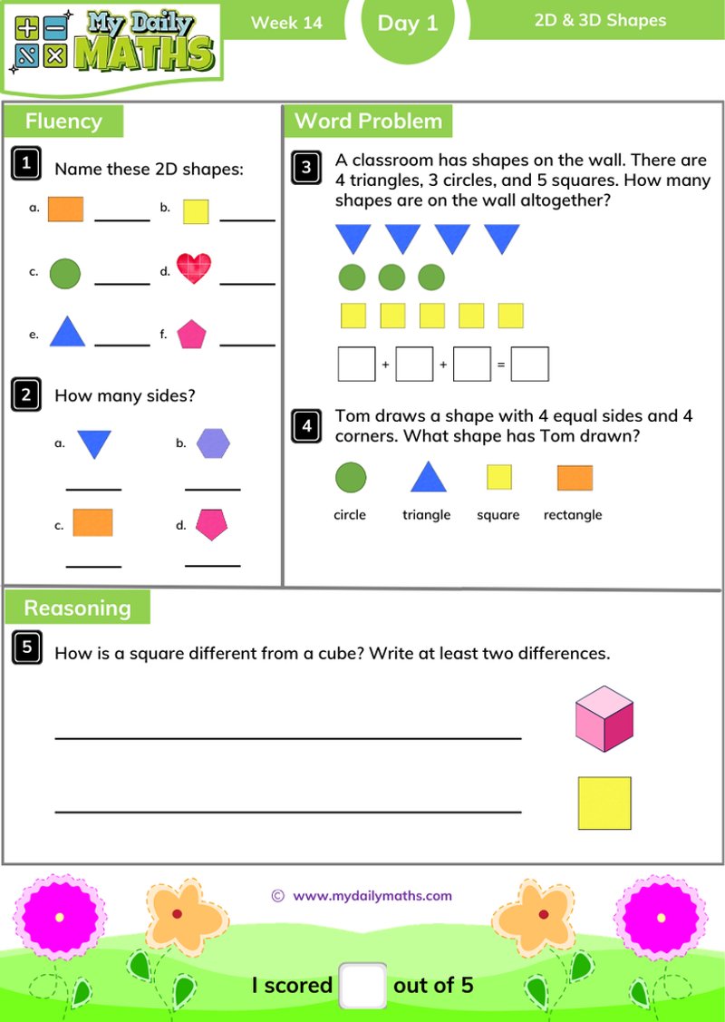 Year 2 2D & 3D Shapes - Day 1 - Shapes maths worksheet with fluency, word problem, and reasoning sections