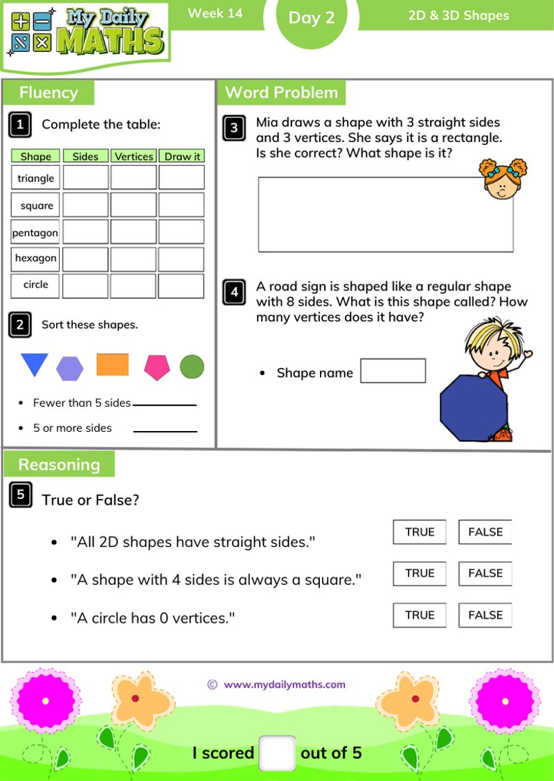 Year 2 2D & 3D Shapes - Day 2 - Shapes maths worksheet with fluency, word problem, and reasoning sections