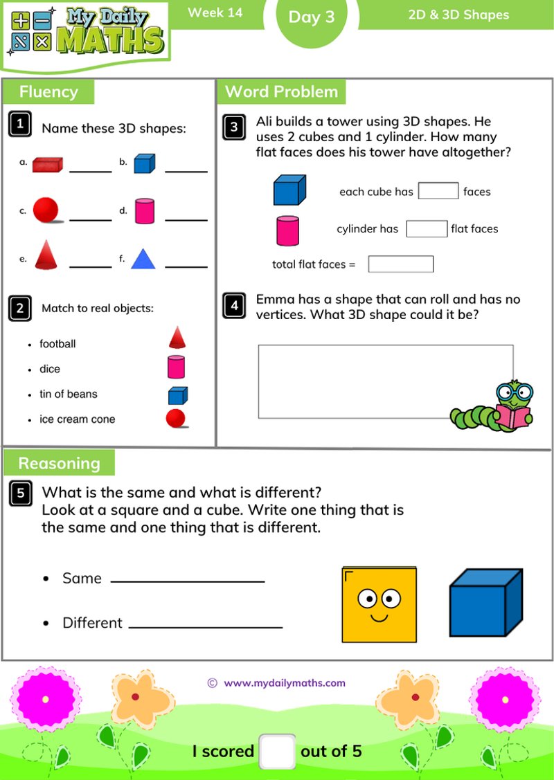 Year 2 2D & 3D Shapes - Day 3 - Shapes maths worksheet with fluency, word problem, and reasoning sections
