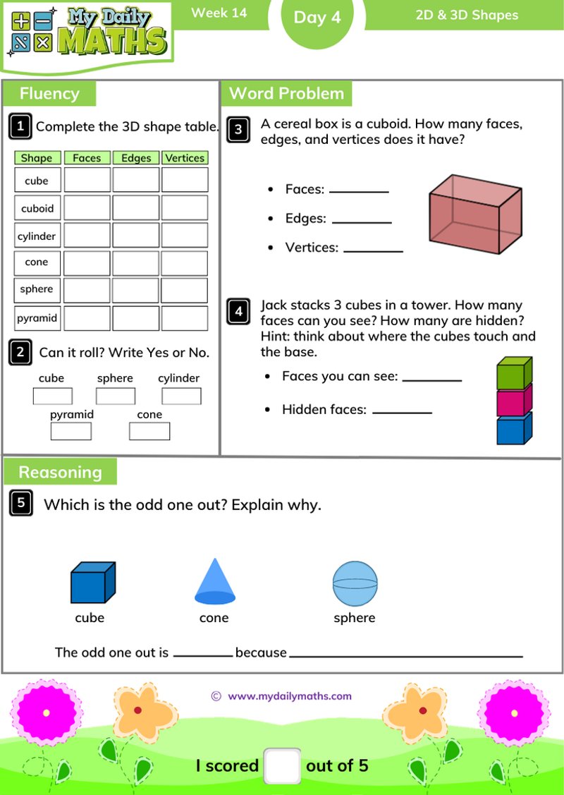 Year 2 2D & 3D Shapes - Day 4 - Shapes maths worksheet with fluency, word problem, and reasoning sections